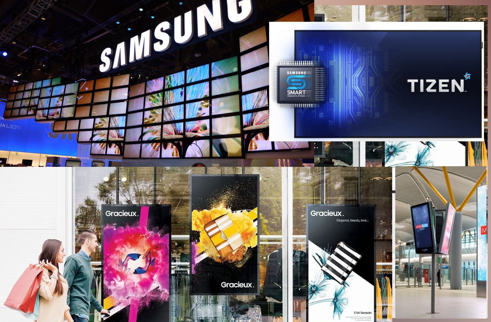 photo-montage en fond d'écran montrant des murs d'images et autres installations d'écran Samsung